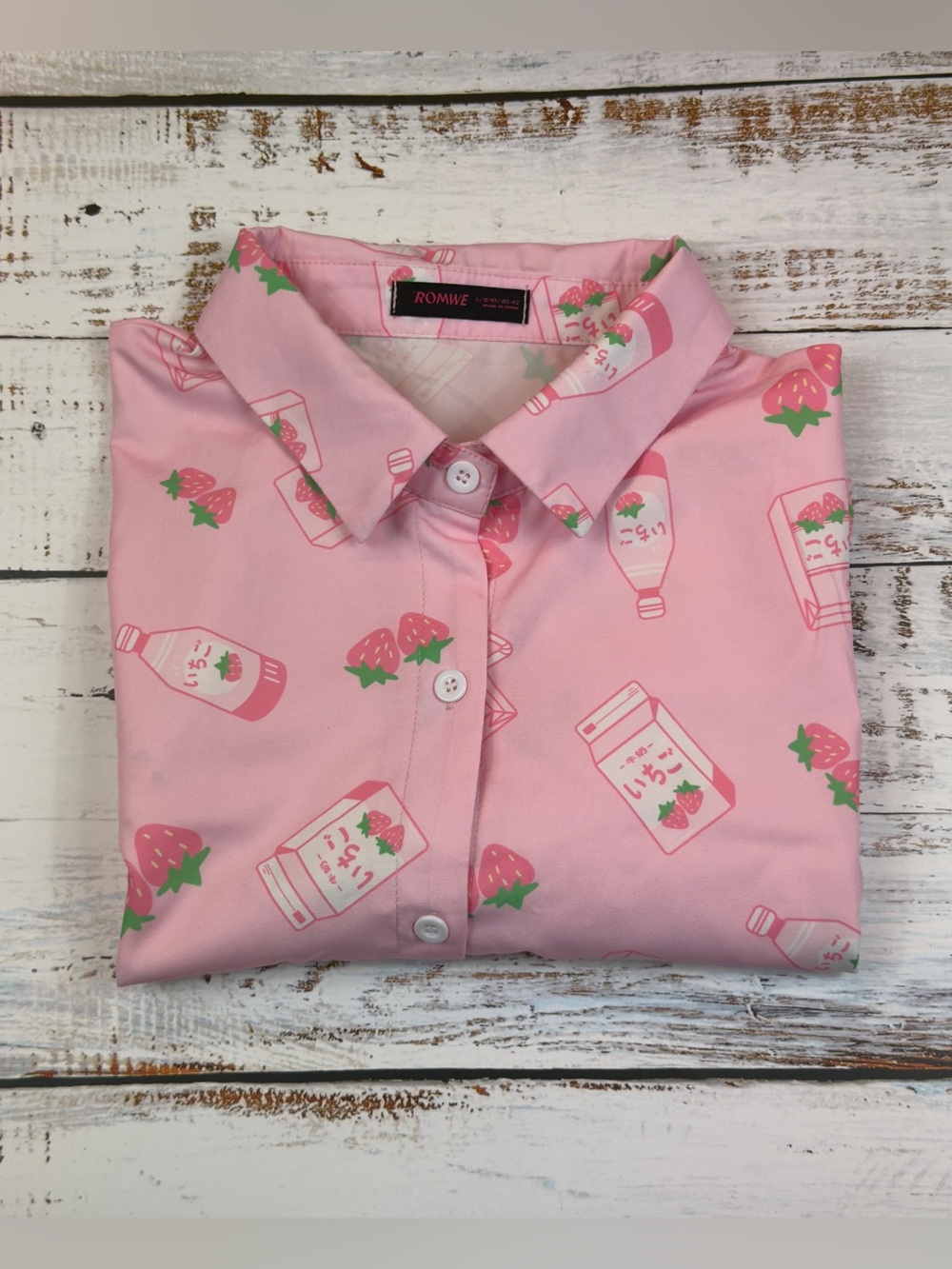 ROMWE Kawaii Strawberry Pink Milk Bottle Print Button-Down Shirt